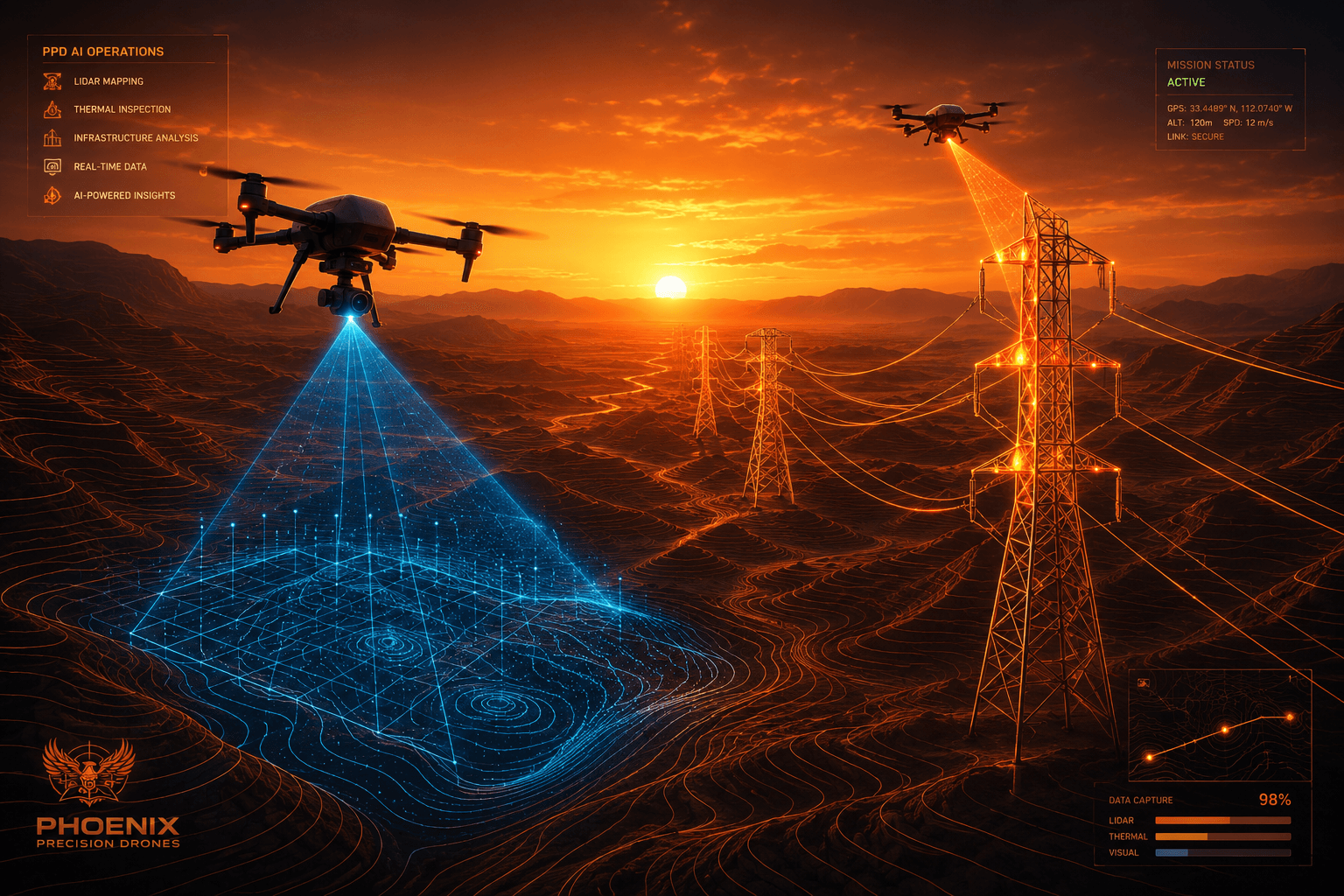 Drone scanning desert power-line infrastructure with LiDAR and thermal inspection data at sunset